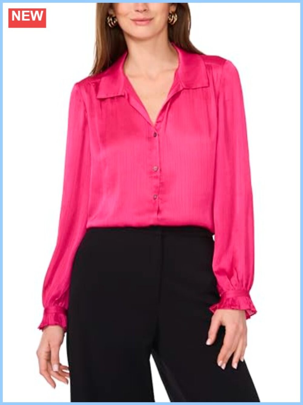 Ruffle Cuff Collared Button Down Blouse Mid Sleeve Square Neck